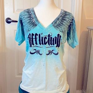 AFFLICTION WOMEN V- NECK SHORT SLEEVES T SHIRT WITH WINGS LIGHT TURQUOISE SZ L